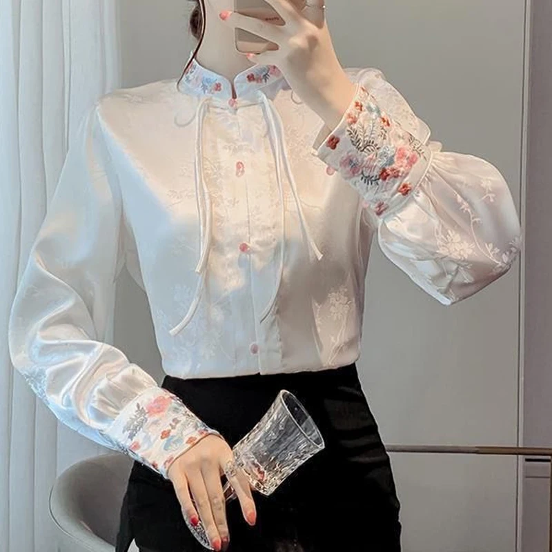 Spring Autumn Stand Collar Long Sleeve Shirt Women High Street Vintage Embroidered Button Cardigan Elegant Jacquard Weave Tops