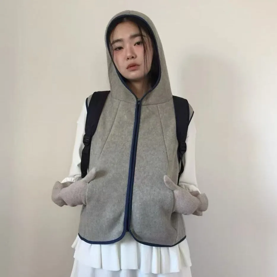 Double-Sided Fleece Hooded Vest Women's Casual Cardigan Short Length Zipper Closure Inner Wear Versatile Layering Clothing