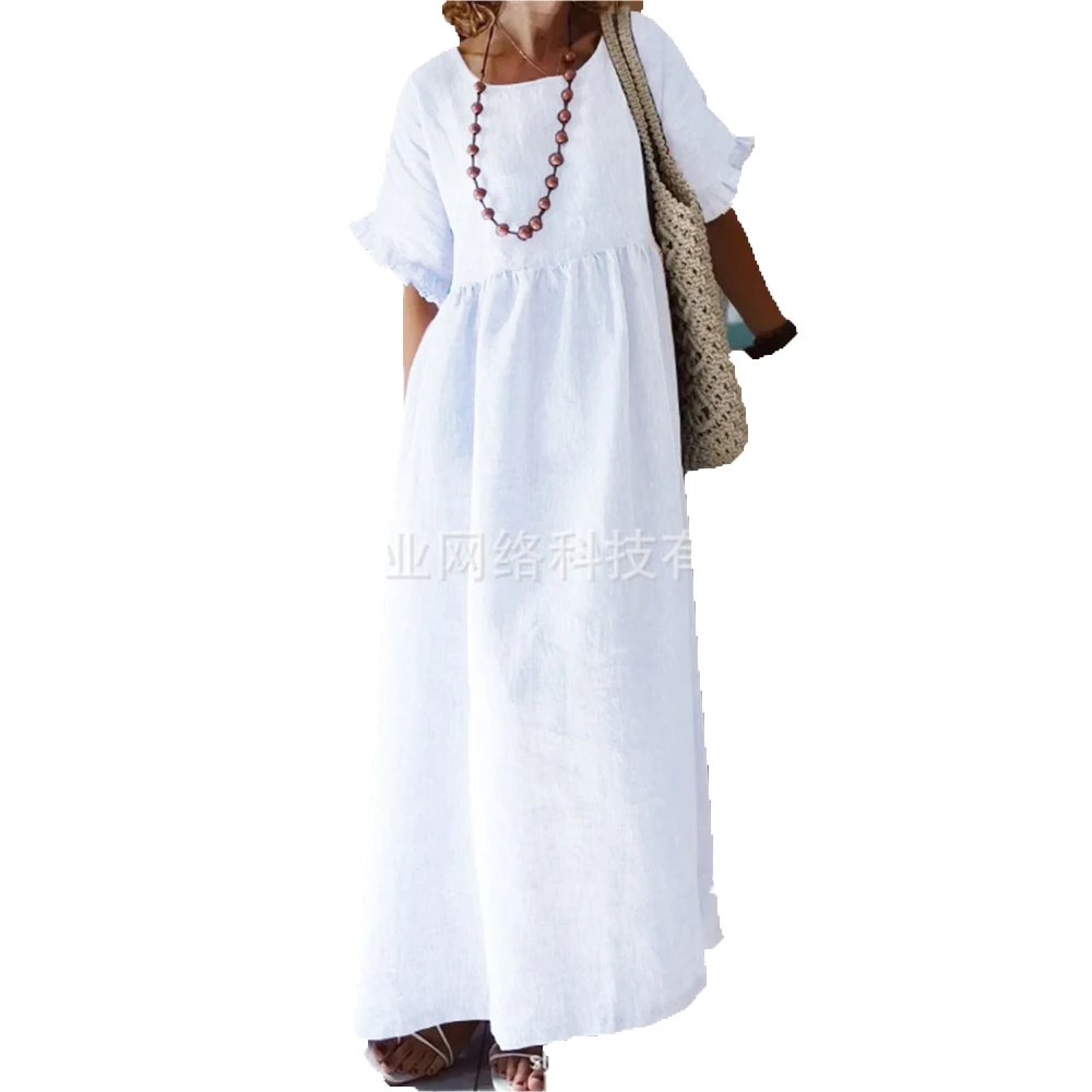Women's Big Size Loose Round Neck Sleeveless Cotton Linen Mid-Length Dresses