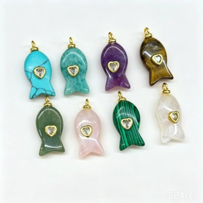 wholesale 6pcs/lot Heart zircon Paved Carved Fish Shape Stone Pendant Animal Charms for DIY Necklace Jewelry Making