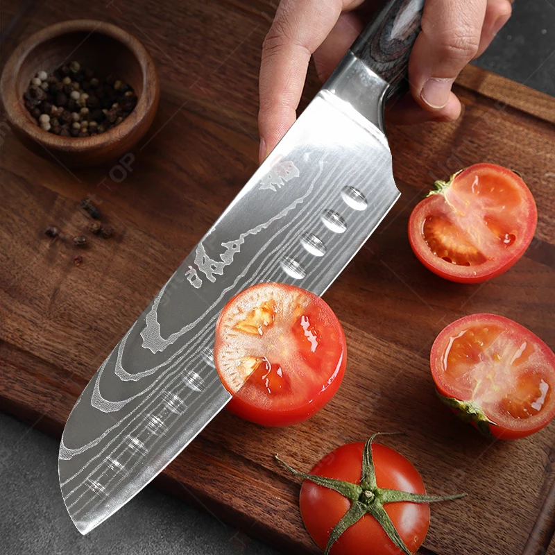 Professional Laser Damascus Boning Knife Kitchen Knives Japanese Santoku Knife Fruit Slicing Utility Knife Butcher Knife