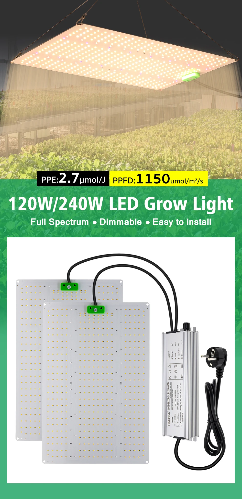 Vollspektrum Dimmbare Pflanzenlampe 120W 240W LED-Wachstumslampe mit UV-Unabhängigem Schalter für Indoor-Gewächshaus Gemüse Blumen Setzlinge – Detail 1