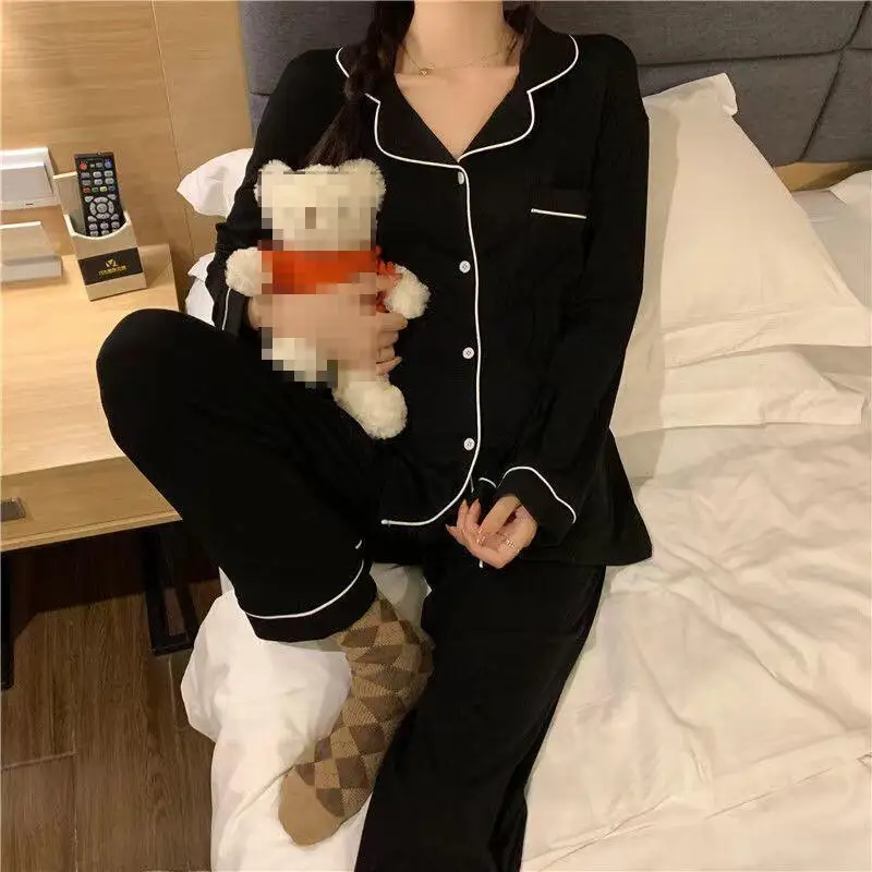 Spring Autumn New Women Simple Light Luxury Fashion Skin friendly Comfort Casual Long sleeved Pajamas Two piece Home Clothes Set