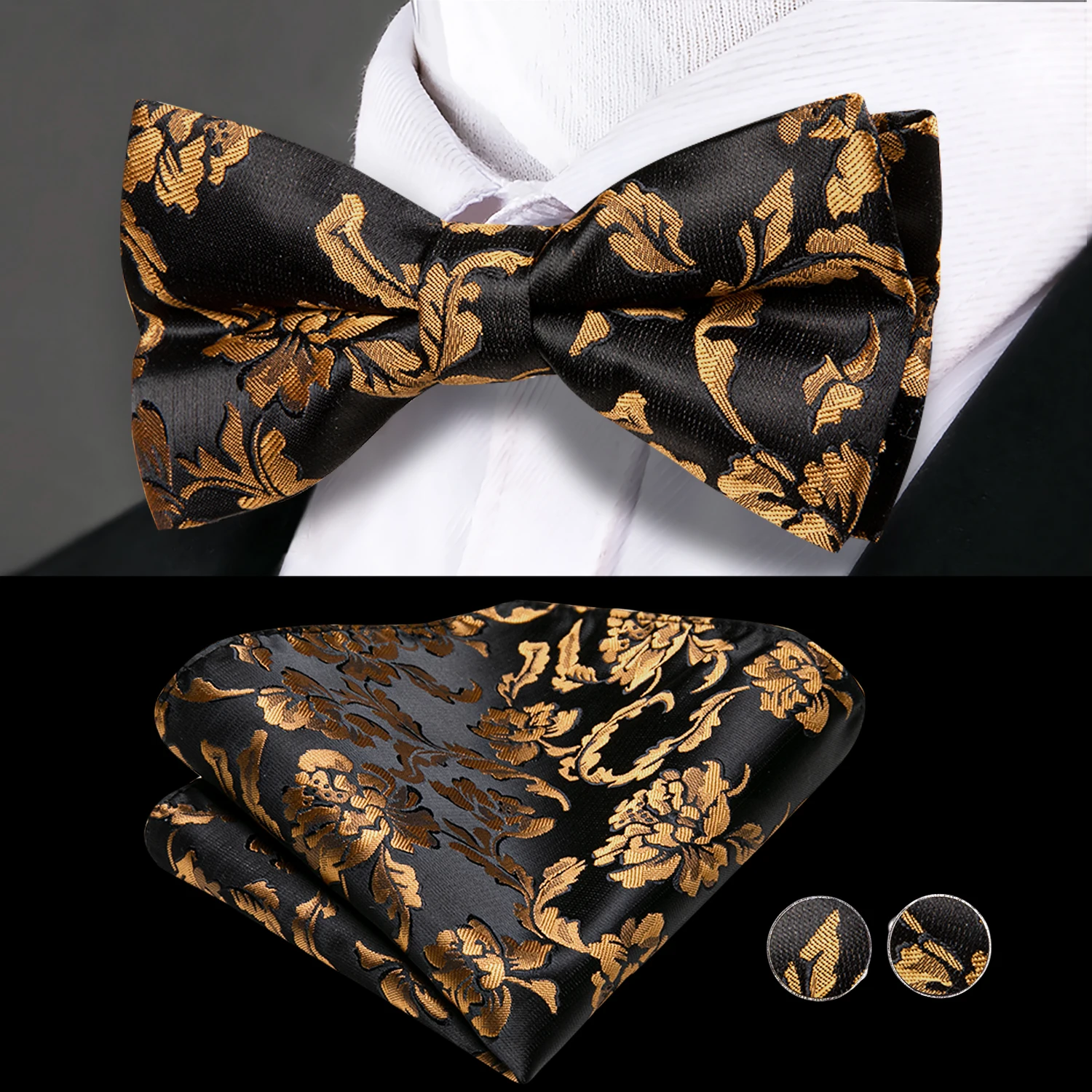 Hi-Tie Luxury Designer Black Gold Floral Cummerbund Bow tie Set Formal Tuxedo Corset Elastic Belt for Men Wedding Cummerbunds