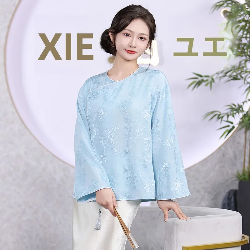 

Весна-Лето 2025: Новая женская блузка в китайском стиле, синяя, премиум-класса, с полностью распашным передом, в национальном тренде, модная