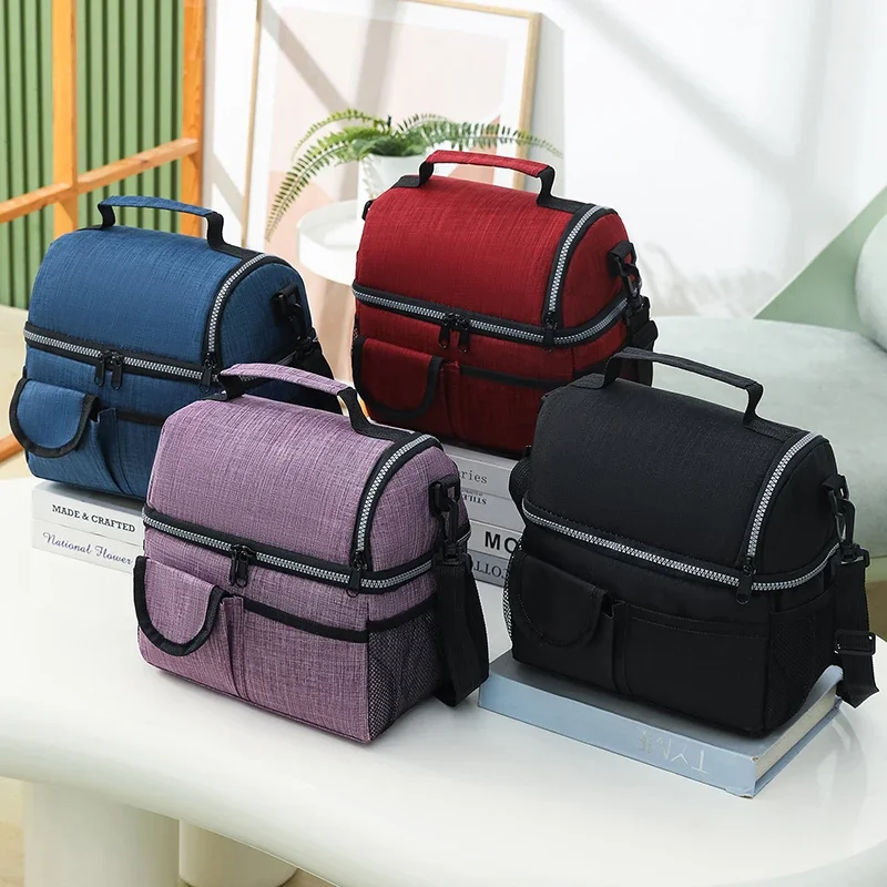 

New Double Layer Tote Lunch Bags Large Oxford Cloth Cooler Picnic Bags with Shoulder Strap School Office Insulation Bags