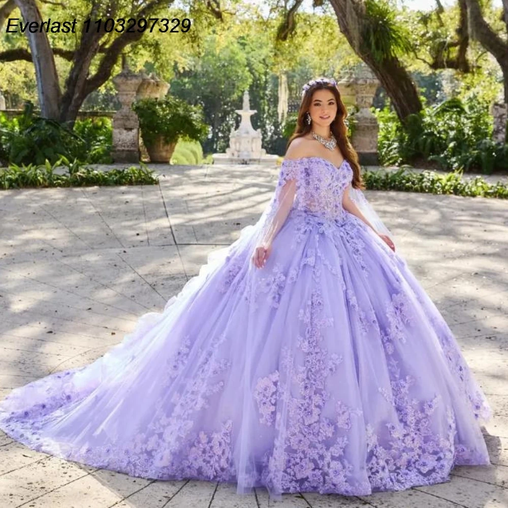 EVLAST Customized Lilac Quinceanera Dress Ball Gown Lace Applique Beading Ruffles With Cape Sweet 16 Vestidos De 15 Anos TQD838