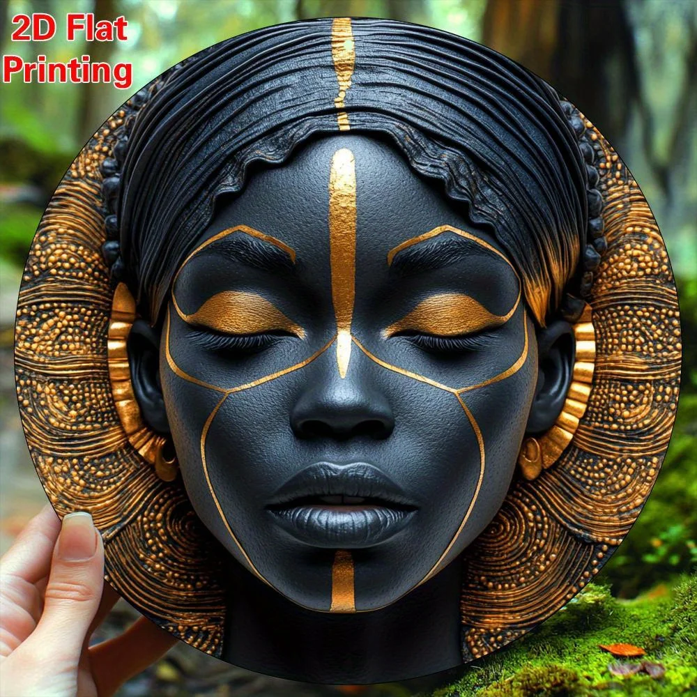 Wooden 2D Flat African Woman Art Sign, Black Gold Ethnic Face Wall Decor, Bohemian Tribal Print for Home, Bedroom – Cultural Aes