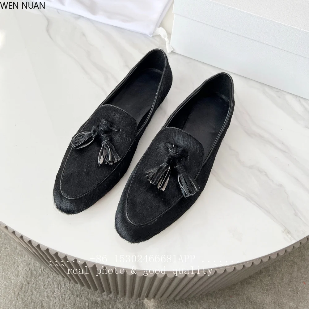 fashionable and versatile deep-toe single shoe with retro flat sole and fringed detail - one-piece slip-on loafers for women