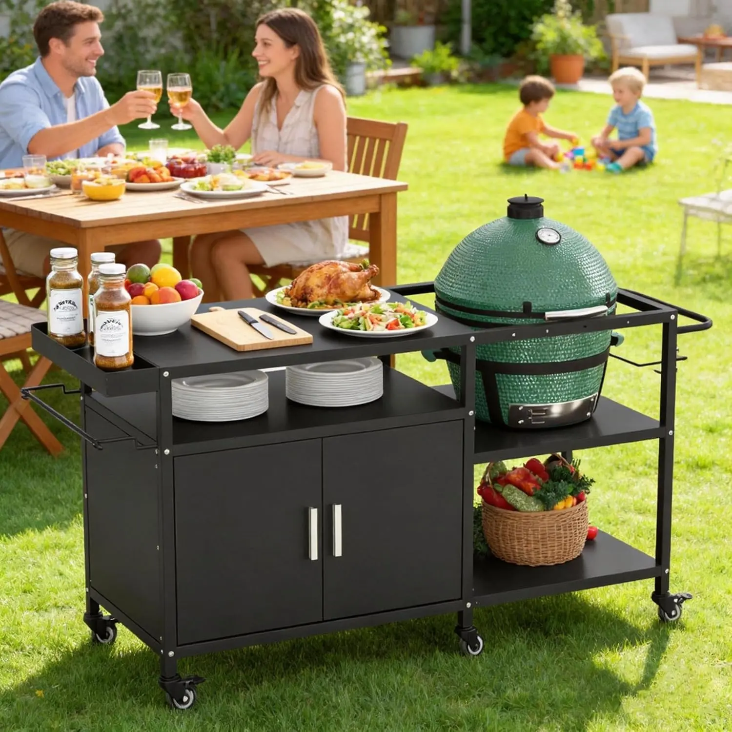Mobile Grill Cart Compatible with Big Green Egg, Heavy Duty Metal Grill Table for Large/Medium Ceramic Charcoal Grills, Outdoor