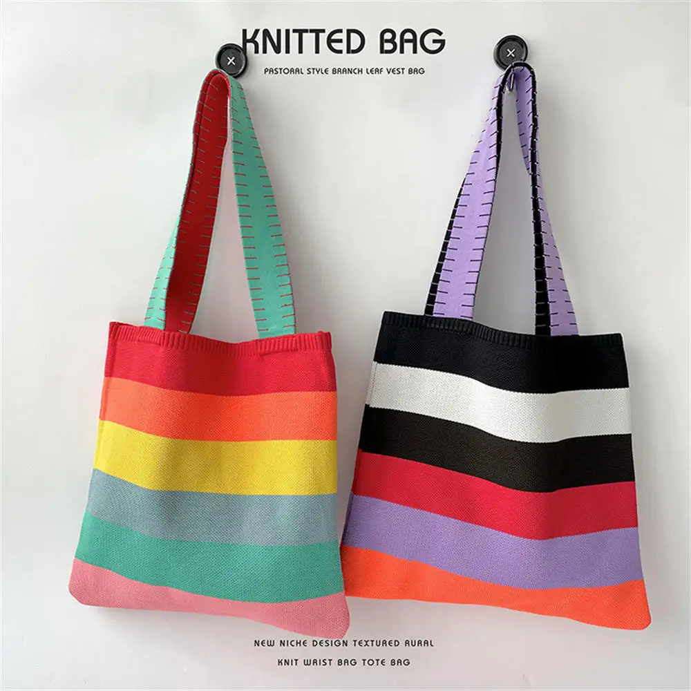 Rainbow Contrast Color Striped Handbag Y2k Korean Style Shoulder Bag Knit Eco Friendly Shopper Tote Handwoven Cute Beach Bag