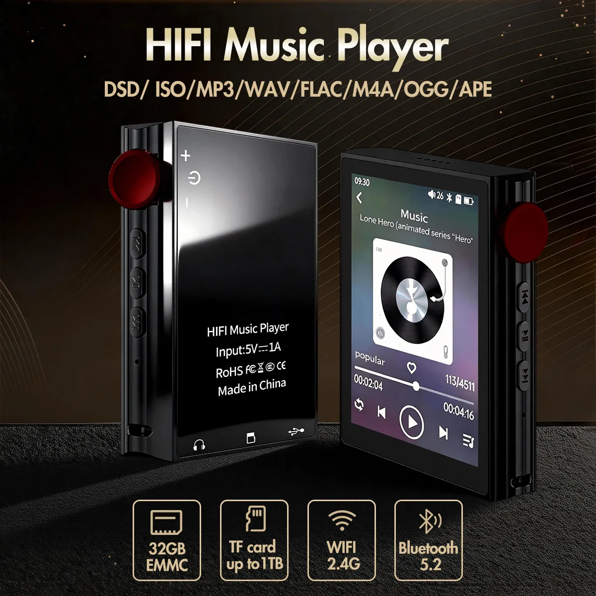 Portable high fidelity music, player supports TF card, Bluetooth 5.2 WIFI2.4G multi-voice support