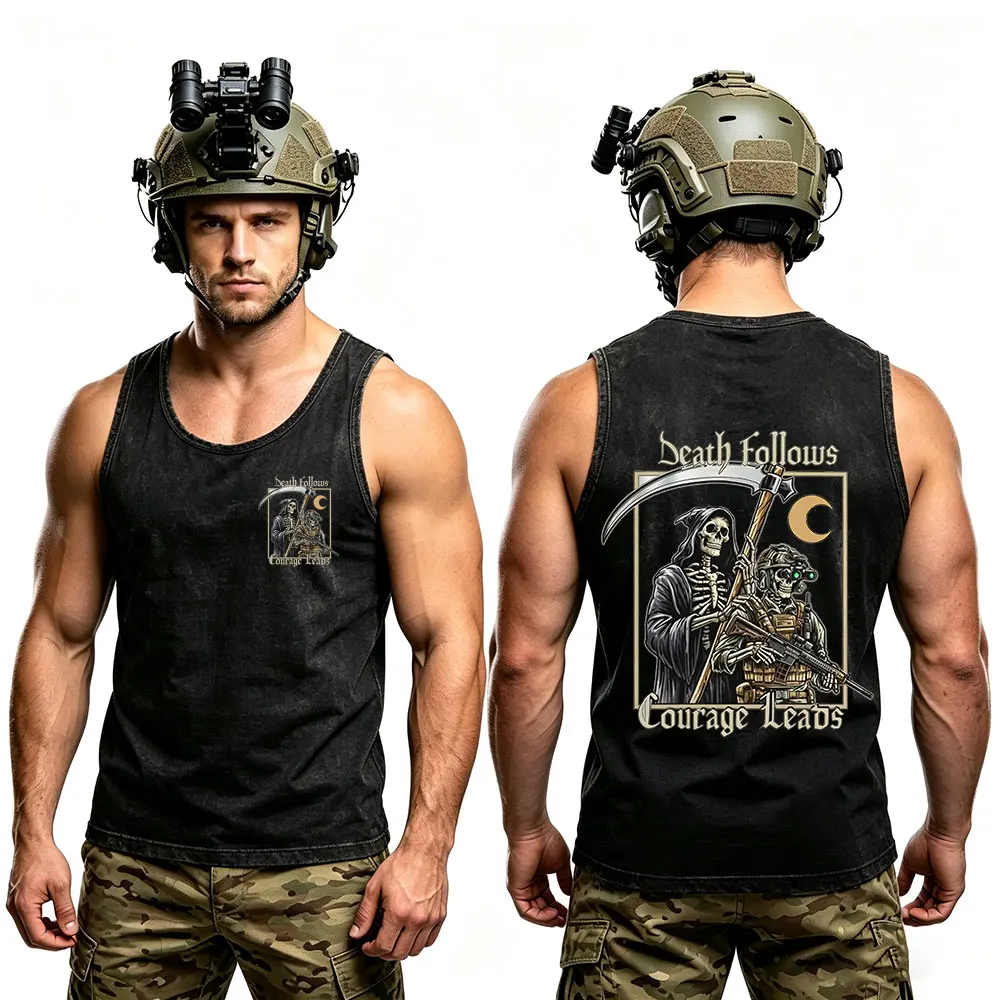 Vintage Washed Death Follows Courage Leads Tactical Warrior Skeleton Tank Tops Tees Men Women Clothing Sleeveless Vest T-shirts