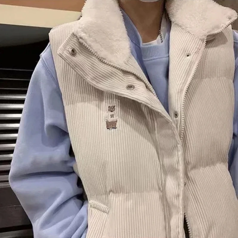 Vintage Corduroy Parkas Vest Women Y2K Korean Loose Fleece Warm Jacket Bf Harajuku Preppy All Match Sleeveless Fluffy Down Coats