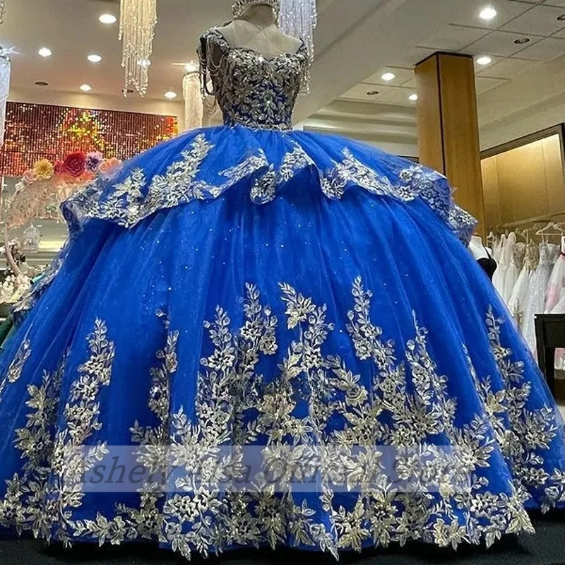 Vestido De quinceañera azul De México De lujo, Vestido De baile De corsé De encaje con tirantes finos, Vestido De fiesta De graduación De 15 y 16 años