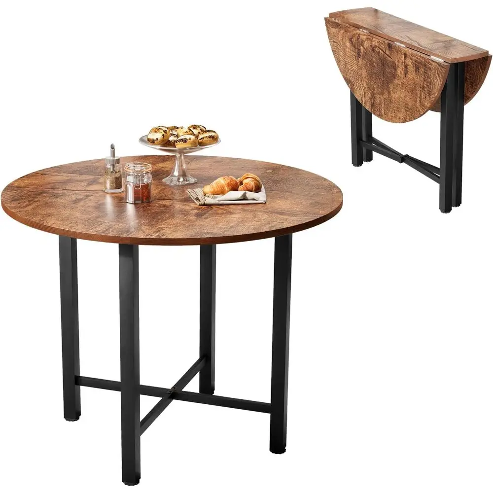 Mid-Century Wooden Round Drop Leaf Dining Table, Compact Foldable Kitchen Table for 2-4, Extendable Farmhouse Style