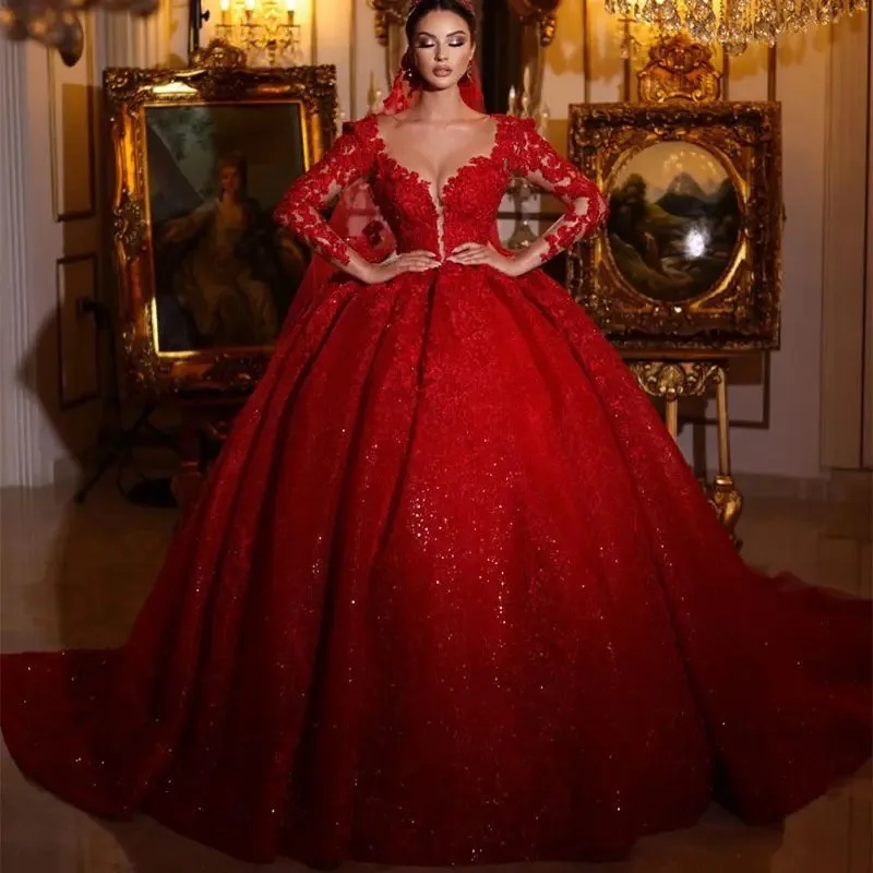 Customzied Gorgeous Lace Red Wedding Dresses Sparkly Marriage Dubai Arabic Bridal Gowns Long Sleeves Vestido De Novia