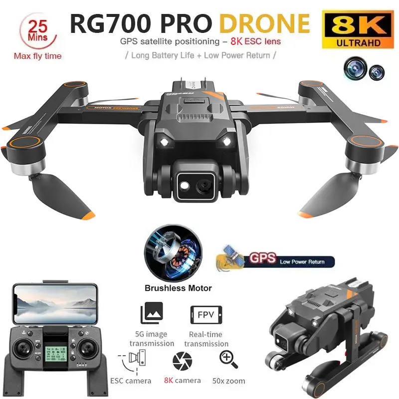 RG700 PRO GPS Drone 8K profesjonalny podwójny aparat HD 5G Wifi unikanie przeszkód bezszczotkowy silnik Quadcopter RC odległość 2KM drony