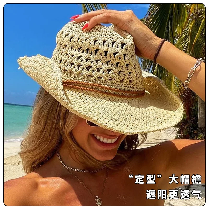 Summer Beach Sunscreen Panama Straw Cap With Chin String Classic Hollow Design Paper Straw Western Cowboy Sun Hats