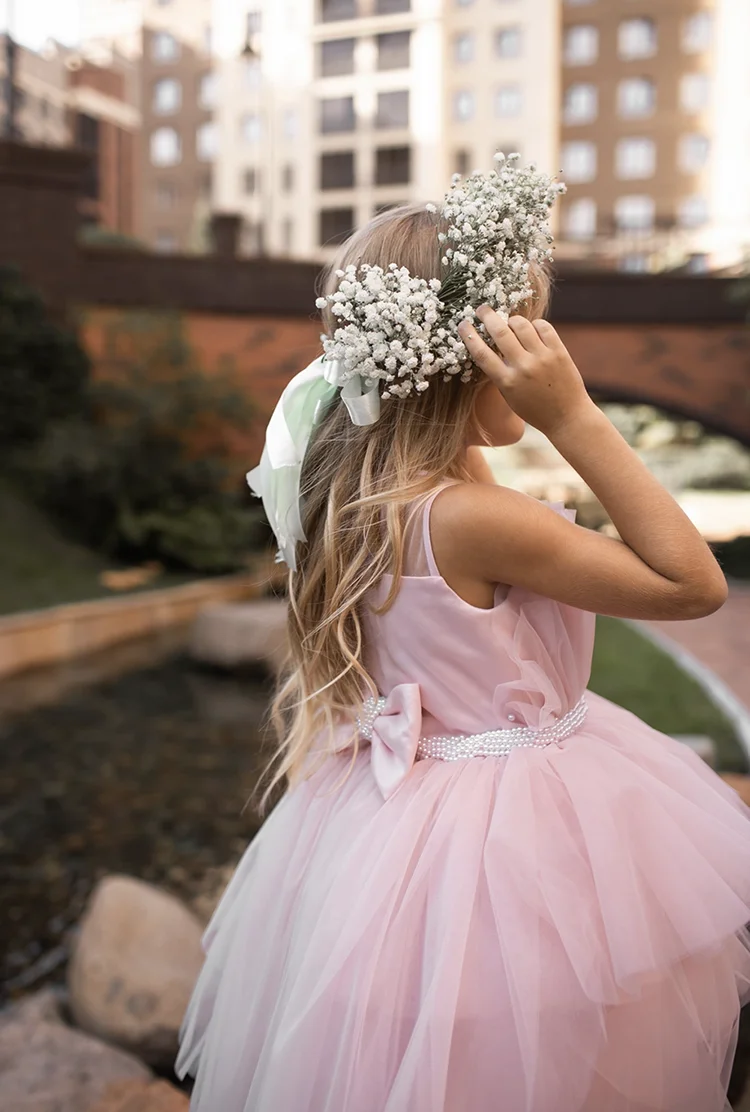 Abito da ragazza di fiori che borda senza maniche in tulle con perle con fiocco per abiti da ballo per prima comunione, principessa, festa di compleanno per bambini