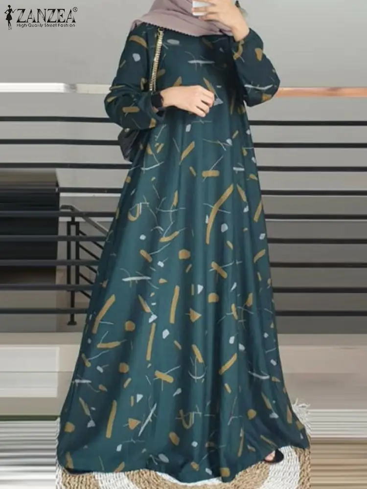 ZANZEA Fashion Long Sleeve Printed Muslim Dress Abaya Women Spring Sundress Elegant Maxi Robe Turkey Hijab Vestidos Kaftan 2024