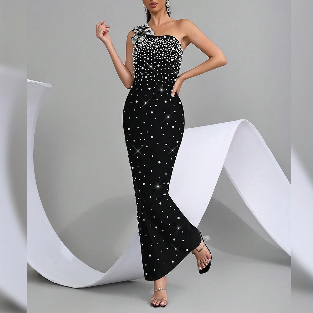 럭셔리 블랙 원숄더 비즈 꽃 장식 이브닝 가운 풀 펄 슬리브리스 바디콘 머메이드 롱 드레스 (웨딩 게스트 파티용)