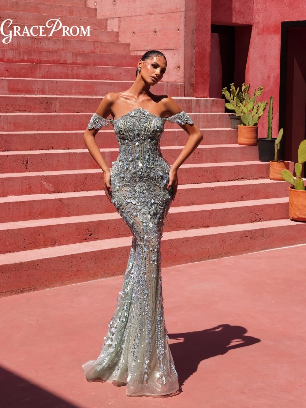 Exquisite Off Shoulder Corset Mint Crystal Evening Gown 2027 Beaded Floral Pattern Party Gown For Wedding Guests فساتين سهرة