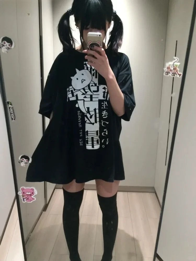 Harajuku Y2k Clothing Arcane Short Sleeve Black Tops Cool Cute Subculture Round Neck T Shirt 2000s Goth Punk Japanese Tees Tops