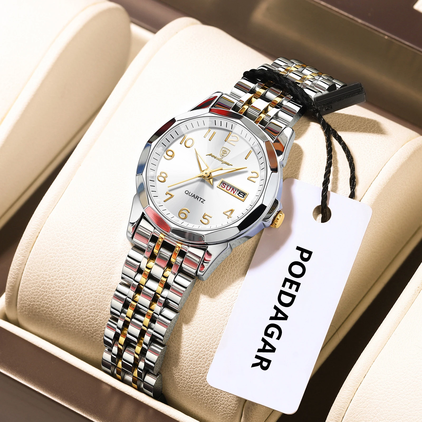 POEDAGAR Elegant Quartz Ladies Wristwatch Waterproof Luminous Date Week Woman Watch Stainless Steel Casual Women's Watches reloj