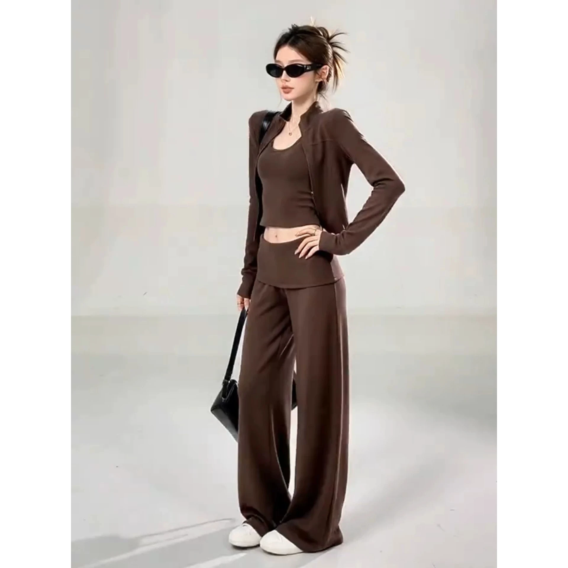 2026 Spring Autumn Casual Fashionable Women's Set Three-Piece Suit Loose Leg Pants Cardigan Strap Wide Leg Pants Ensemble
