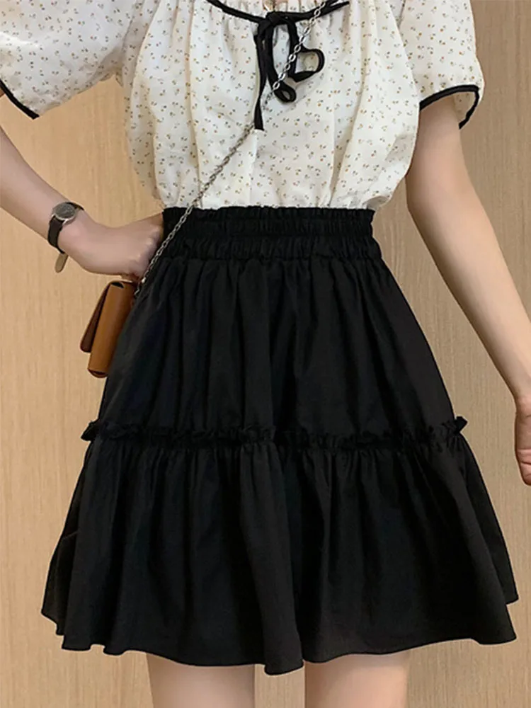 Kawaii Mini Skirts Women Cute Fungus Patchwork Fairycore High Waist Pleated Short Skirt Korean Fashion Preppy Style