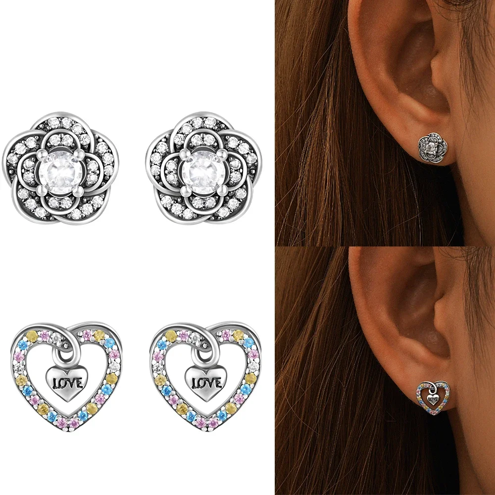 KO 100% 925 Sterling Silver Rose/Love Zircon Vintage Earrings Women's Perforated Double layered Fashion Earring Jewelry Gift