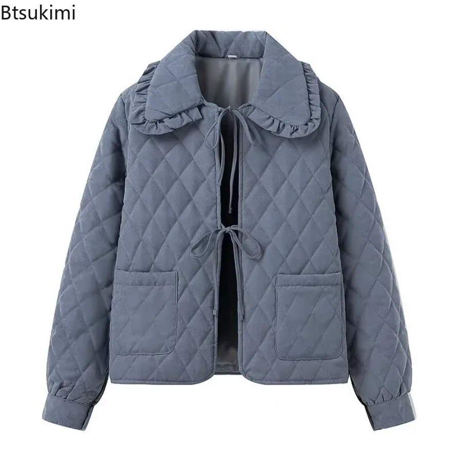 Woman Fashion Solid Turn Down Collar Loose Cotton Jacket 2025 Female High Street Argyle Warm Jackets Girls Casual Lacing Outwear