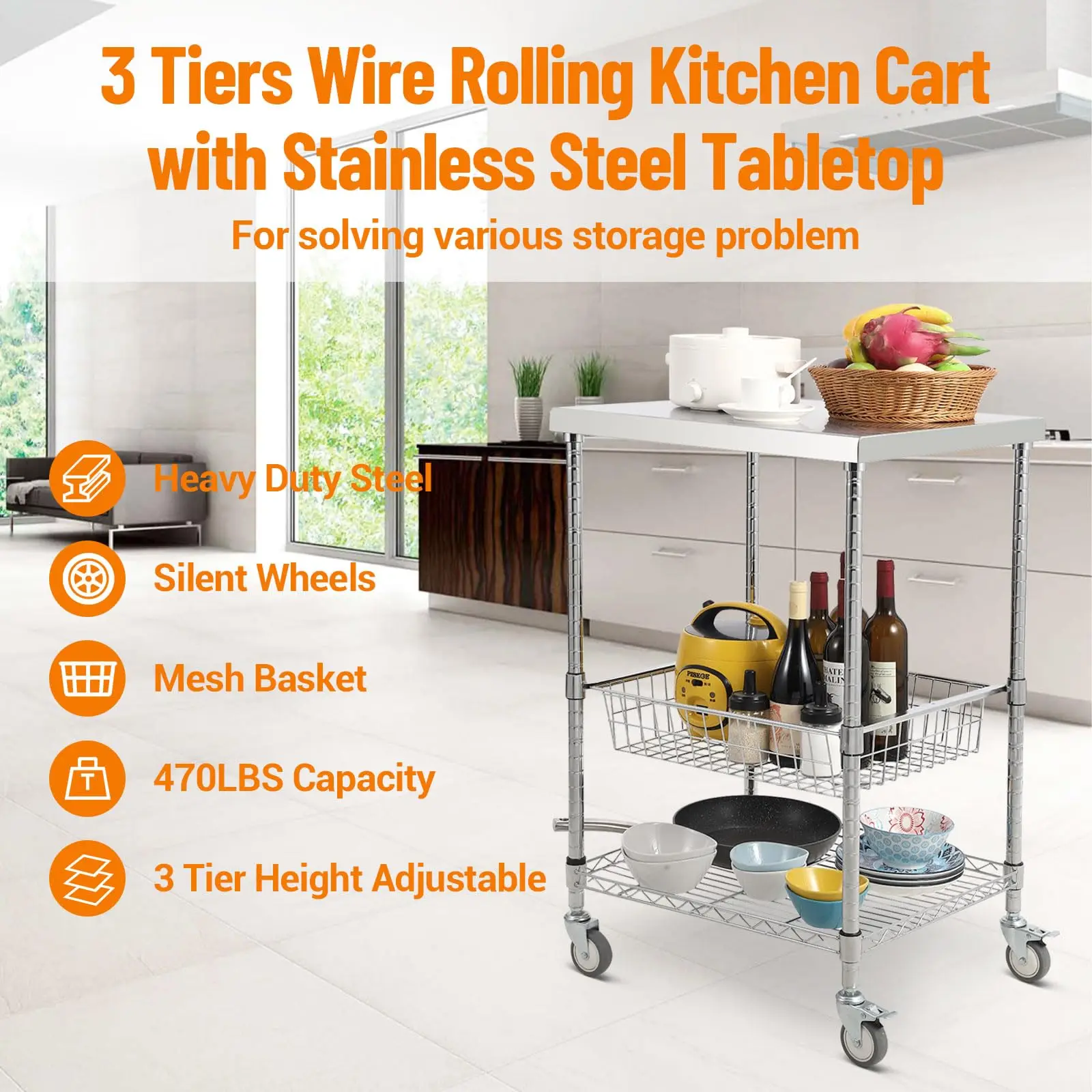 3-Tier Wire Rolling Utility Cart, Kitchen Utility Cart 20