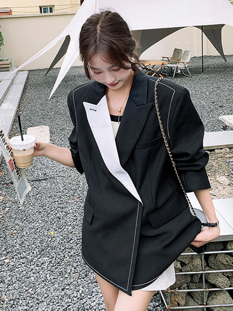 LANMREM Fashion Contrast Color Spliced Blazer Women Notched Collar Long Sleeves Single Button Coat 2023 Autumn New 2AA2393