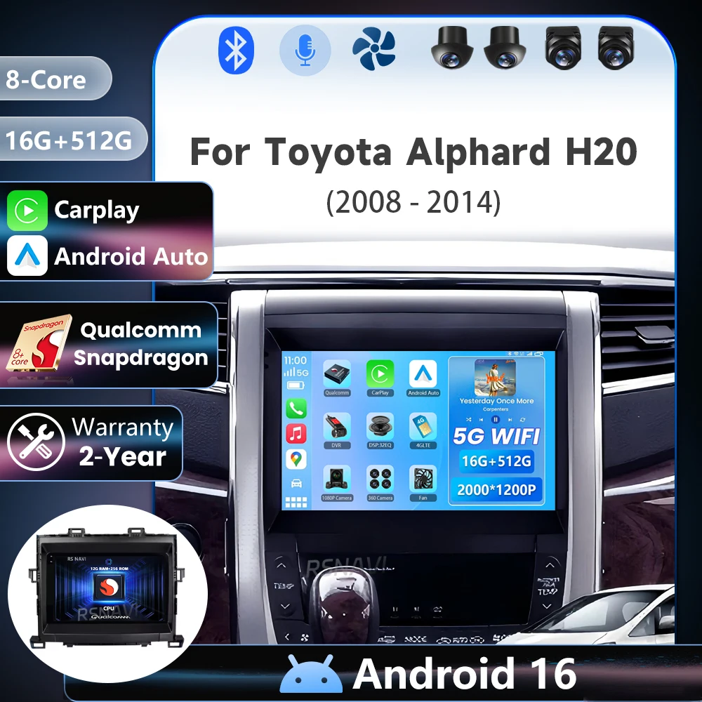 Plug-and-Play Android 16 Qualcomm Carplay Autoradio Multimedia-Player für Toyota Alphard H20 2008-2014 Autoradio Snapdragon