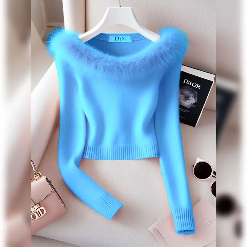 2024 Autumn New Korean Style Knitted Top Soft Temperament Slim Fit Solid Color Chic Versatile Simple Sweater Pullover