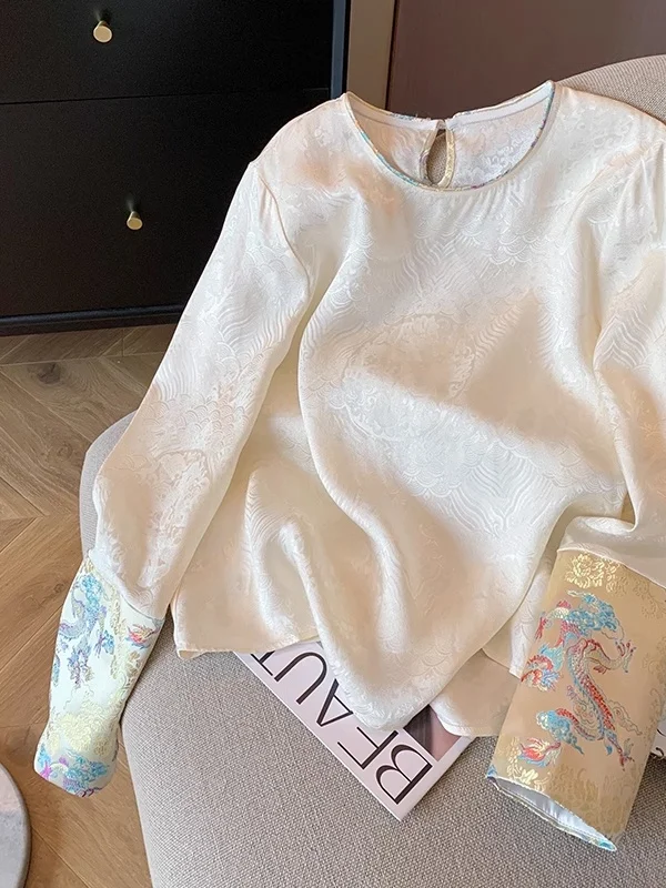New Chinese Style Embroidered Satin Vest Shirt Women's Spring Autumn Improved Tang Costume Two-Piece Set Single Button Closure