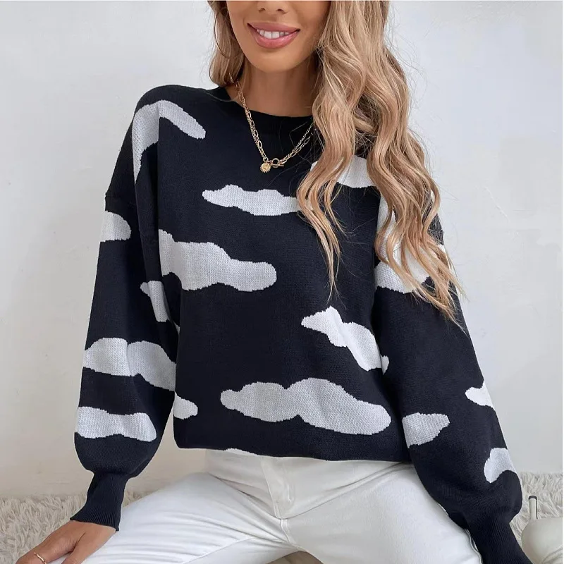 

Vintage Cloud Print Knitted Sweater Women Autumn and Winter Fashion Long Sleeve Sweaters Round Neck Loose Ladies Knitwears 28473