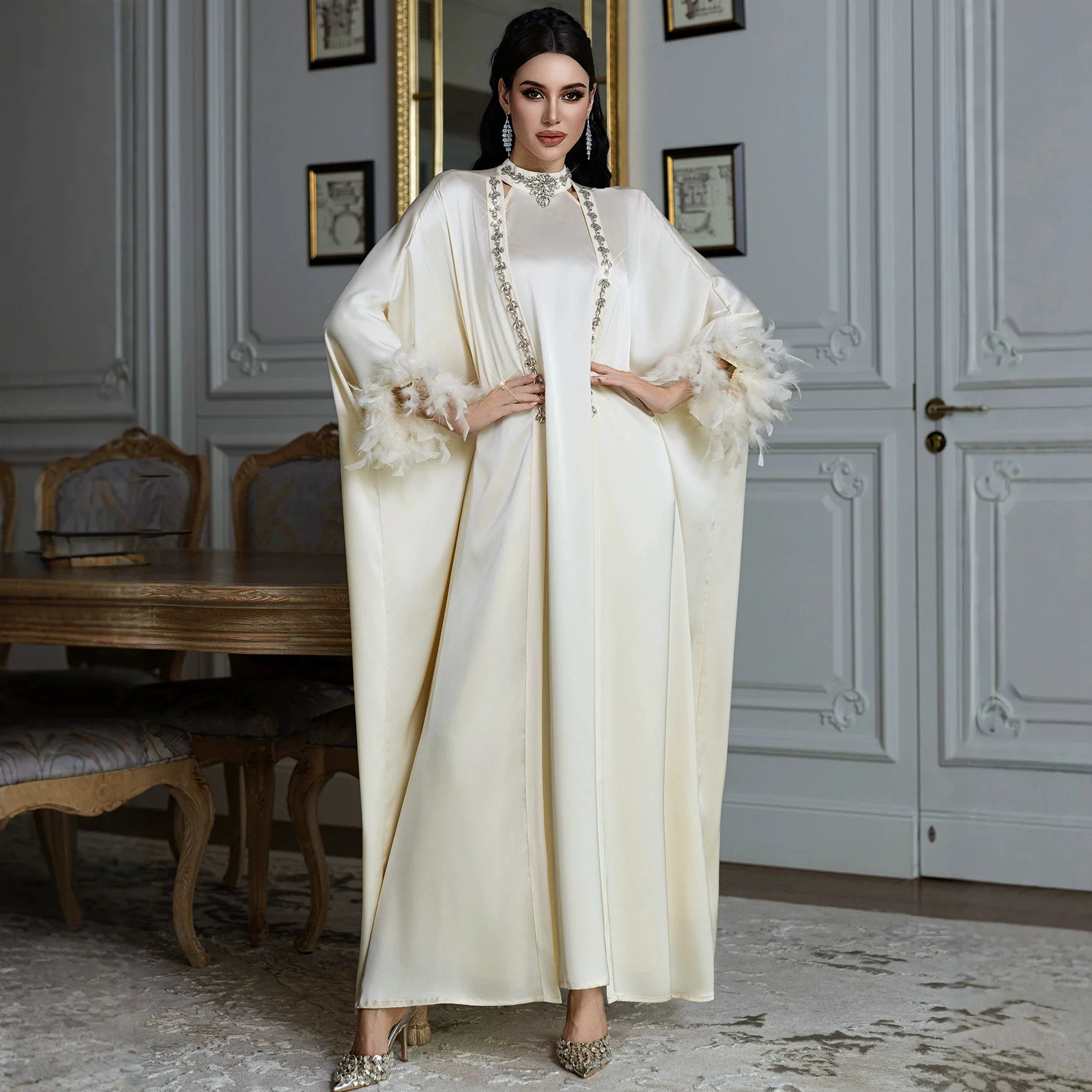 Dress Suit Women Eid Abaya Party Dresses 2 Piece Set Muslim Feathers Cardigan Robe Jalabiya Islam Morocco Dubai Vestidos Kaftan