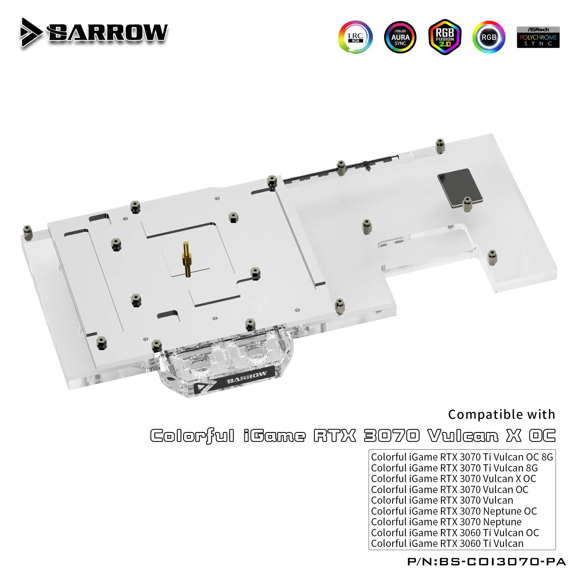 Imagem -04 - Barrow-bloco de Água Gpu para Placa Gráfica Colorida Igame Rtx 3070 3070ti 3060ti Vulcano 5v Argb 3pin Bs-coi3070-pa