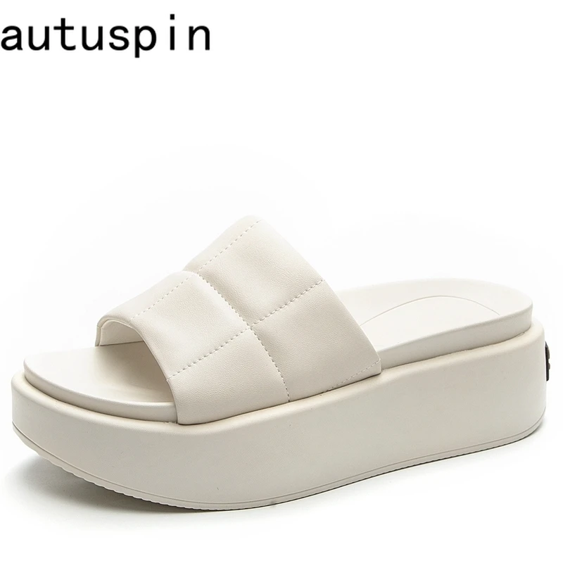 

Autuspin Size 34-39 Women Basic Beach Slippers Fashion Classic High Quality Leather Slides Shoes Platform Ladies 6cm High Heels