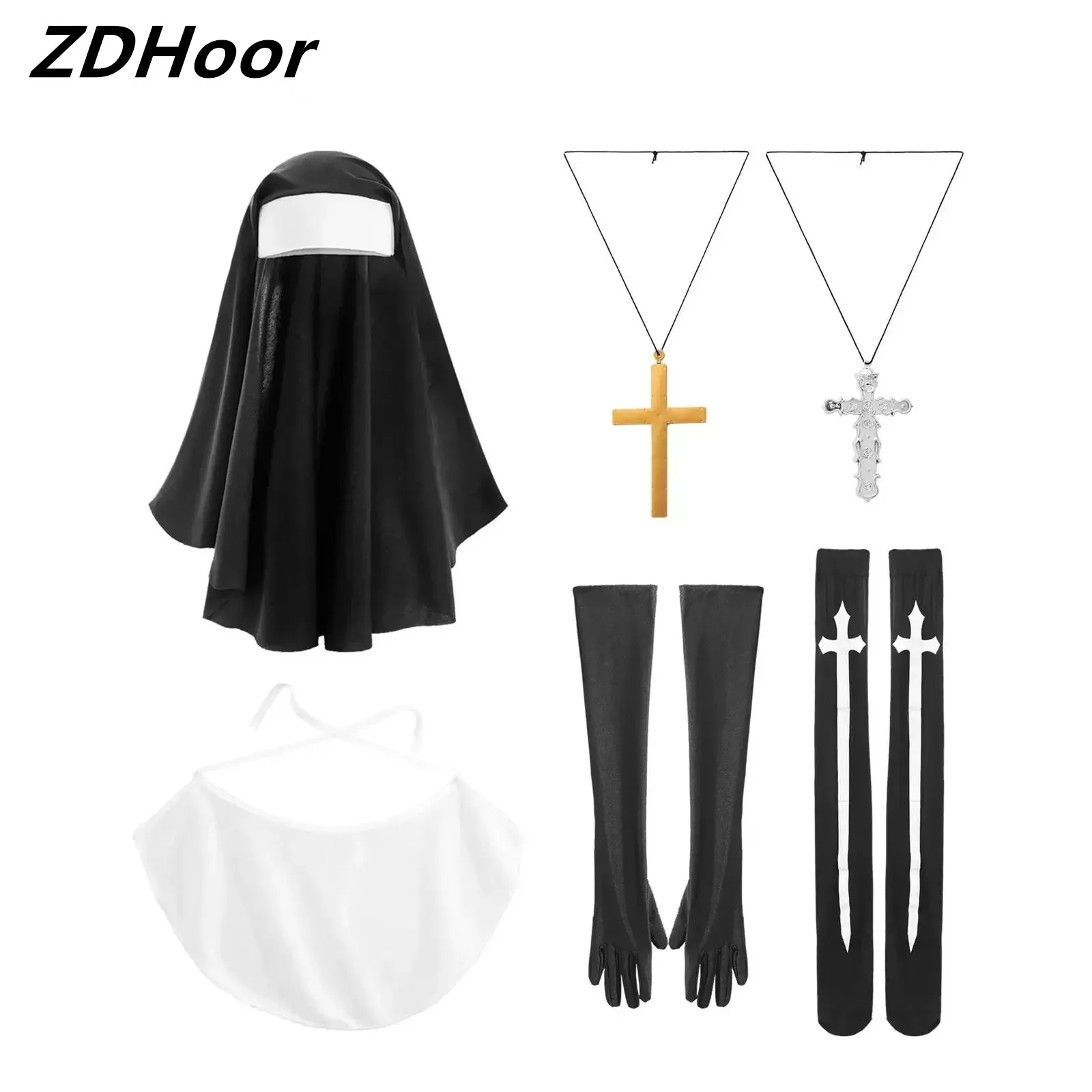 

Nun Missionary Role Play Suit Nun Hat Priest Cross Headdress Silk Tube Stockings Gloves Plastic Cross Necklace Halloween