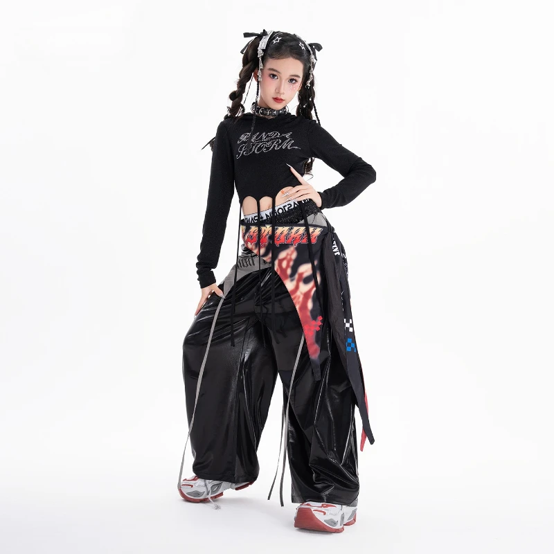 Set di abbigliamento per danza hip-hop per ragazze, top a maniche lunghe, pantaloni larghi, costume da ballo di strada, abbigliamento da performance jazz Kpop
