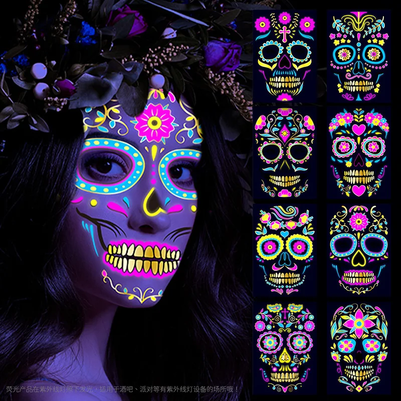 

Funny Undead Fluorescent Face Stickers Hot Stamping Powder Halloween Tattoo Sticker Neon Temporary Waterproof Tattoo Sticker