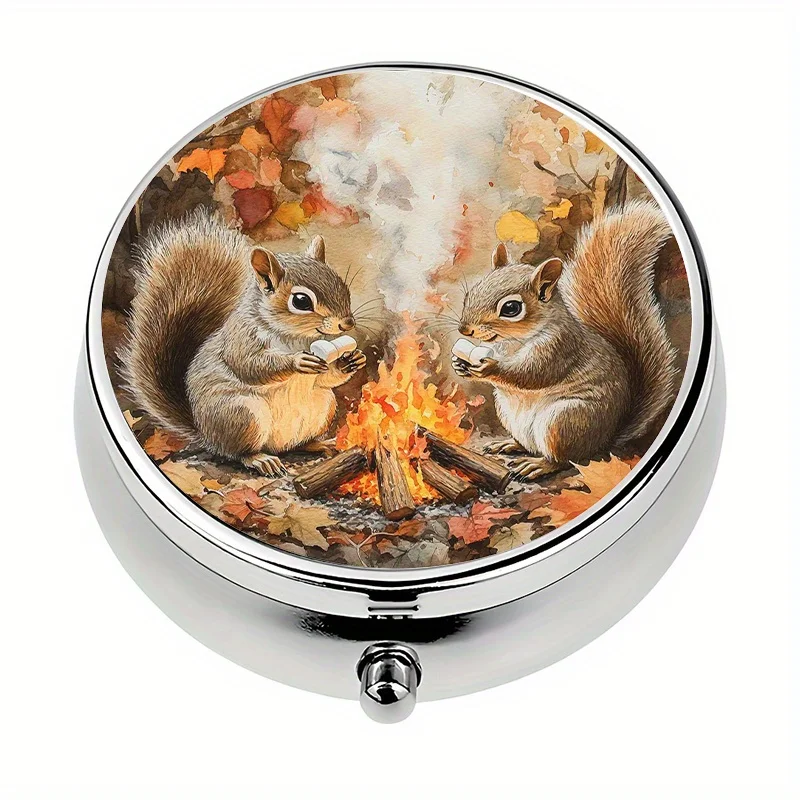 1 three-compartment pill box, autumn squirrel campfire scene, mini pill container, pill organizer, unique travel gift