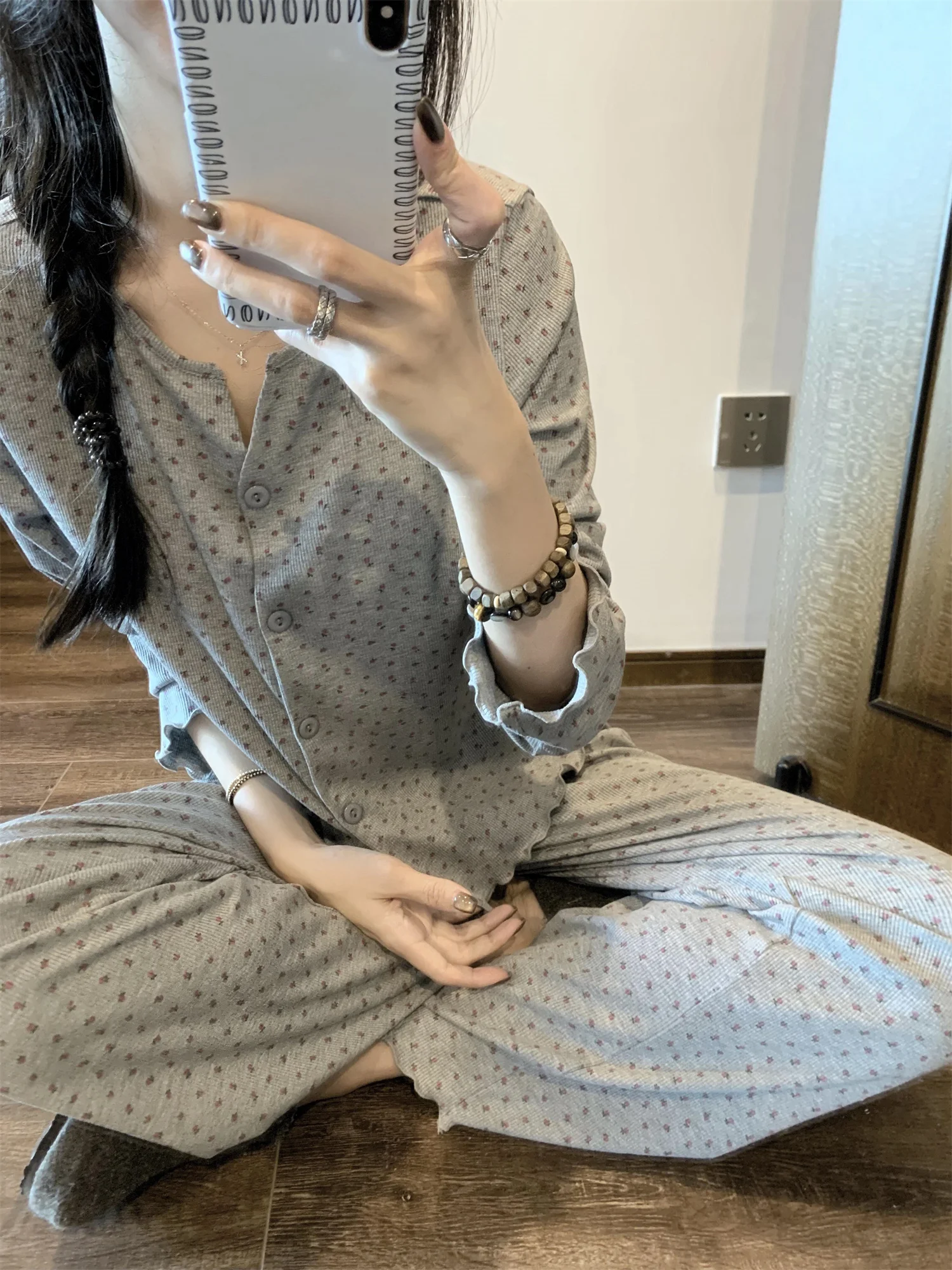 Sweet Style Ice Silk Long Sleeve Floral Print Sleepwear Women's Home Clothes Two-Piece Set Comfortable Soft Material Spring A...