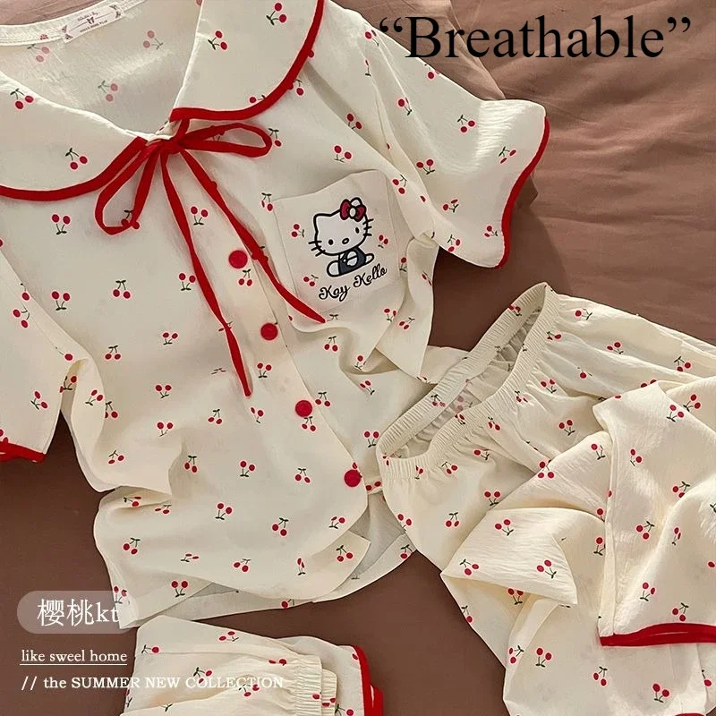 

Polka dot Hello Kitty red strap collar two-piece pajamas Hello Kitty loungewear set, sweet wind pure cotton casual pajamas