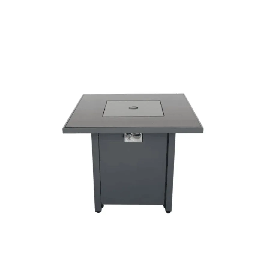 

Outdoor fire pit table for patio use, steel construction, black finish, includes lid for safety and versatility