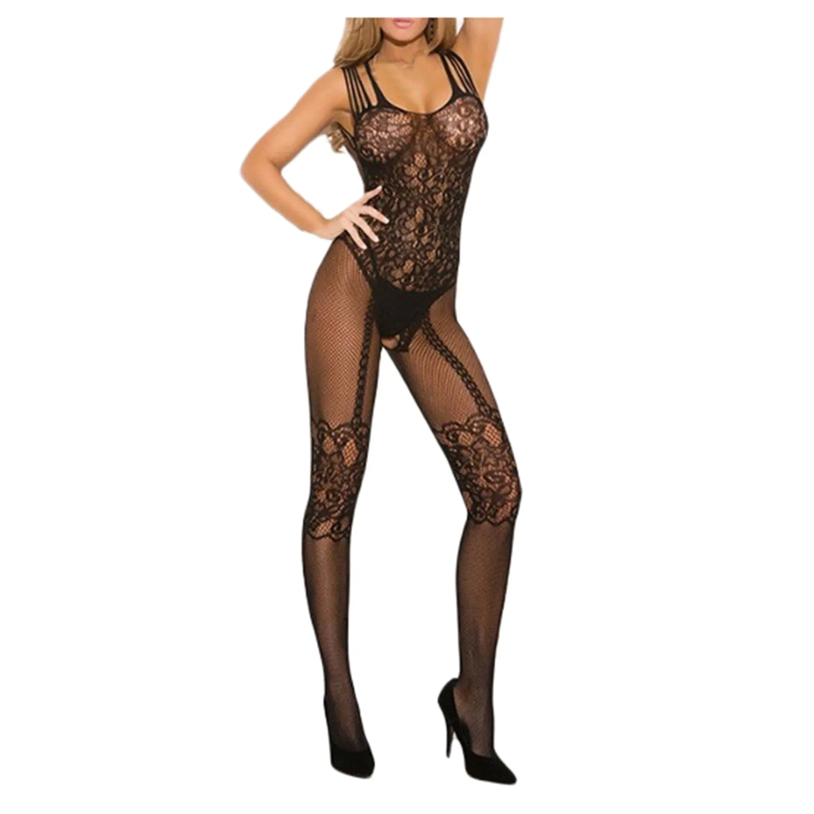 women sexy Bodysuit large size transparent Fishnet lace underwear Embroidery black open Crotchless Teddy One-piece thin Intimate